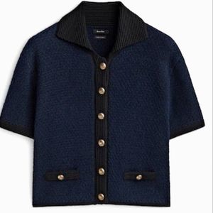 NWT Massimo Duttti Cropped Boucle Cardigan Blue Black Gold Buttons Polo Collar